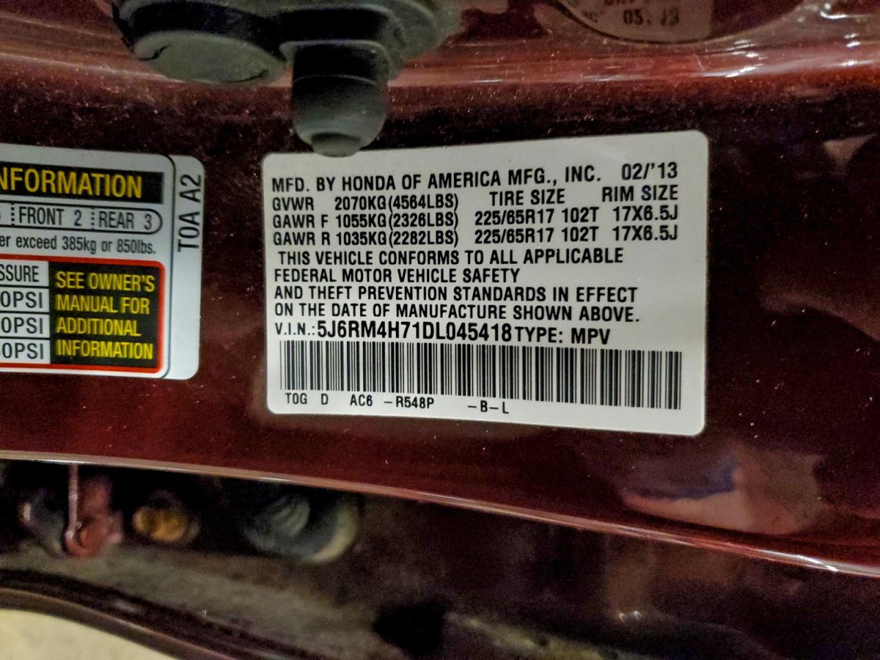 2013 Honda Cr-V Exl VIN: 5J6RM4H71DL045418 Lot: 95411645