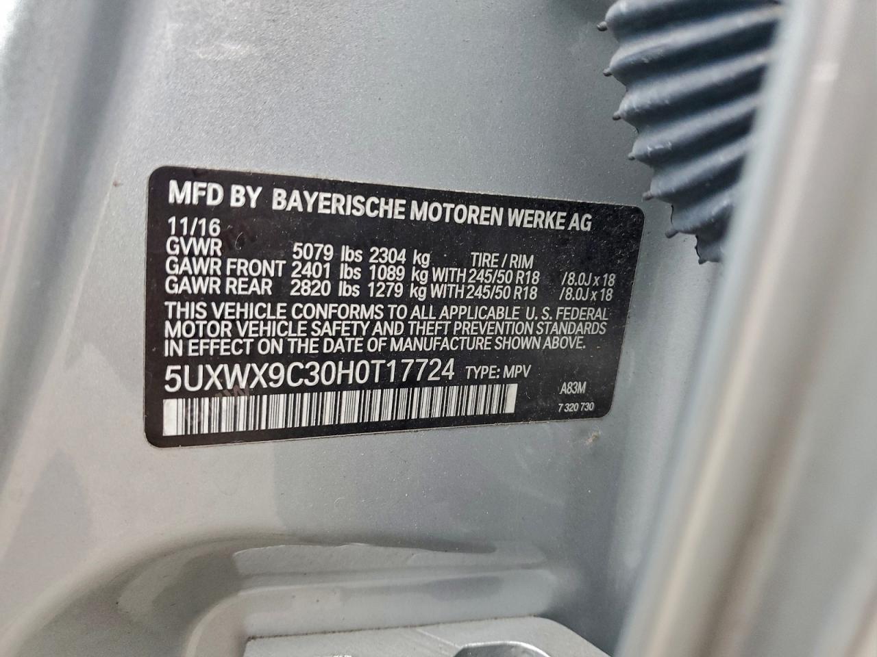 2017 BMW X3 xDrive28I VIN: 5UXWX9C30H0T17724 Lot: 95700555