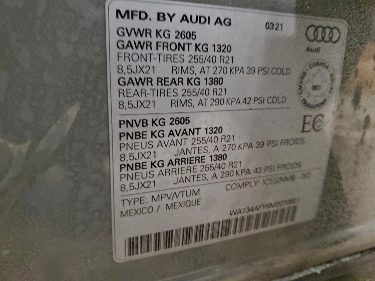 2021 Audi Sq5 Sportback Prestige VIN: WA134AFY6M2070921 Lot: 94106845