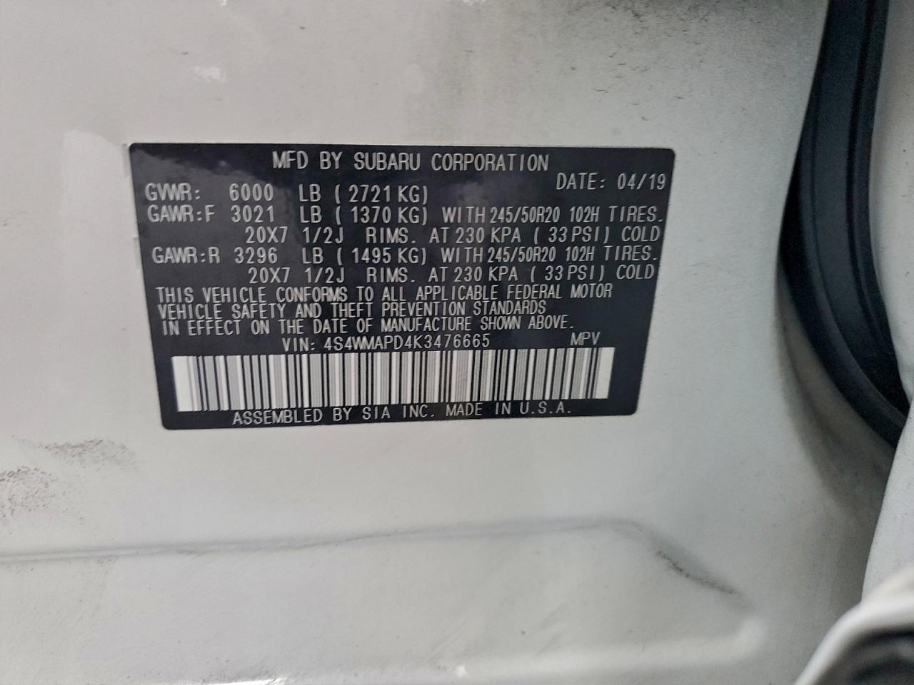 2019 Subaru Ascent Limited VIN: 4S4WMAPD4K3476665 Lot: 94123185