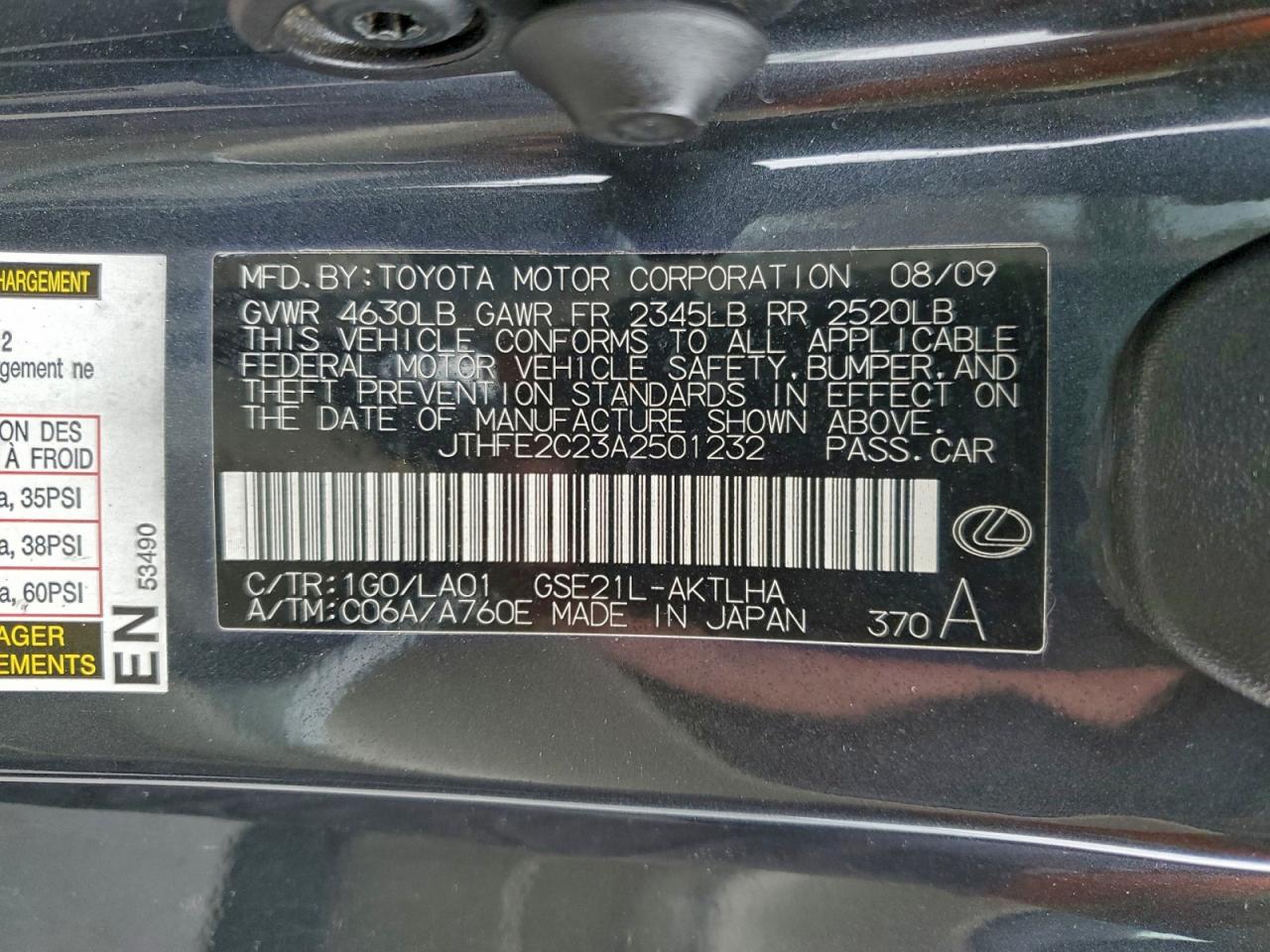 2010 Lexus Is 350 VIN: JTHFE2C23A2501232 Lot: 95142165