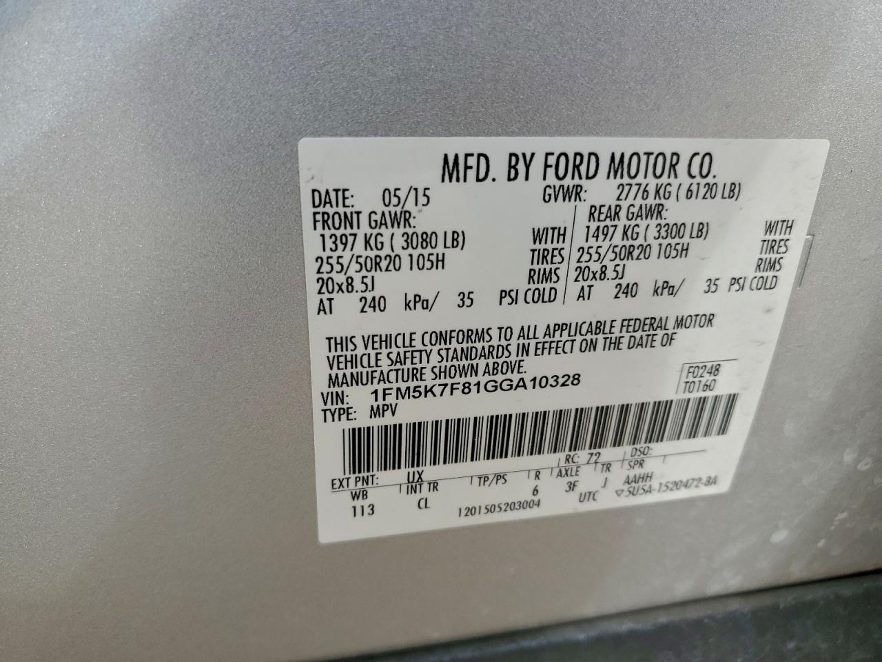 2016 Ford Explorer Limited VIN: 1FM5K7F81GGA10328 Lot: 93938435