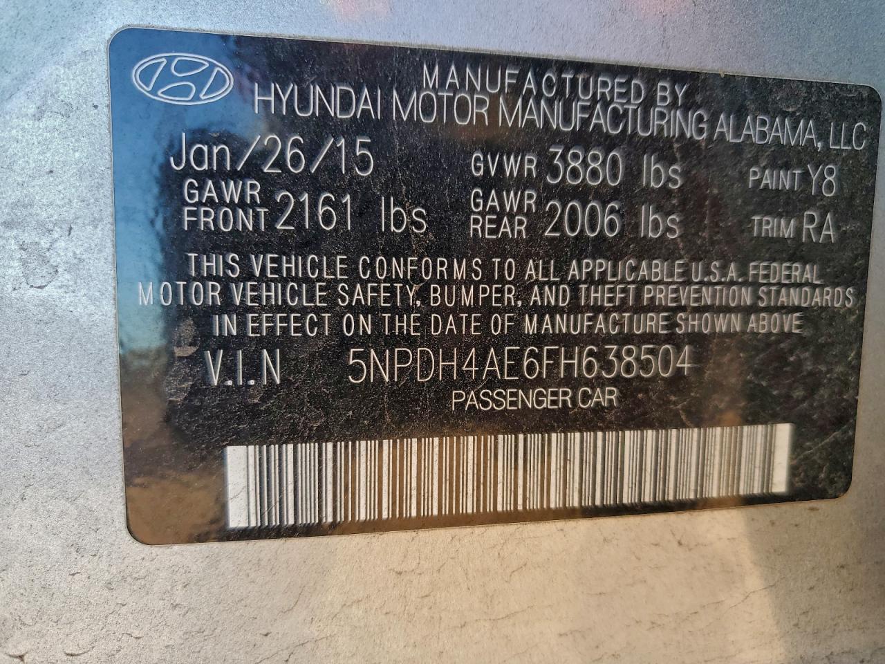 2015 Hyundai Elantra Se VIN: 5NPDH4AE6FH638504 Lot: 96383855