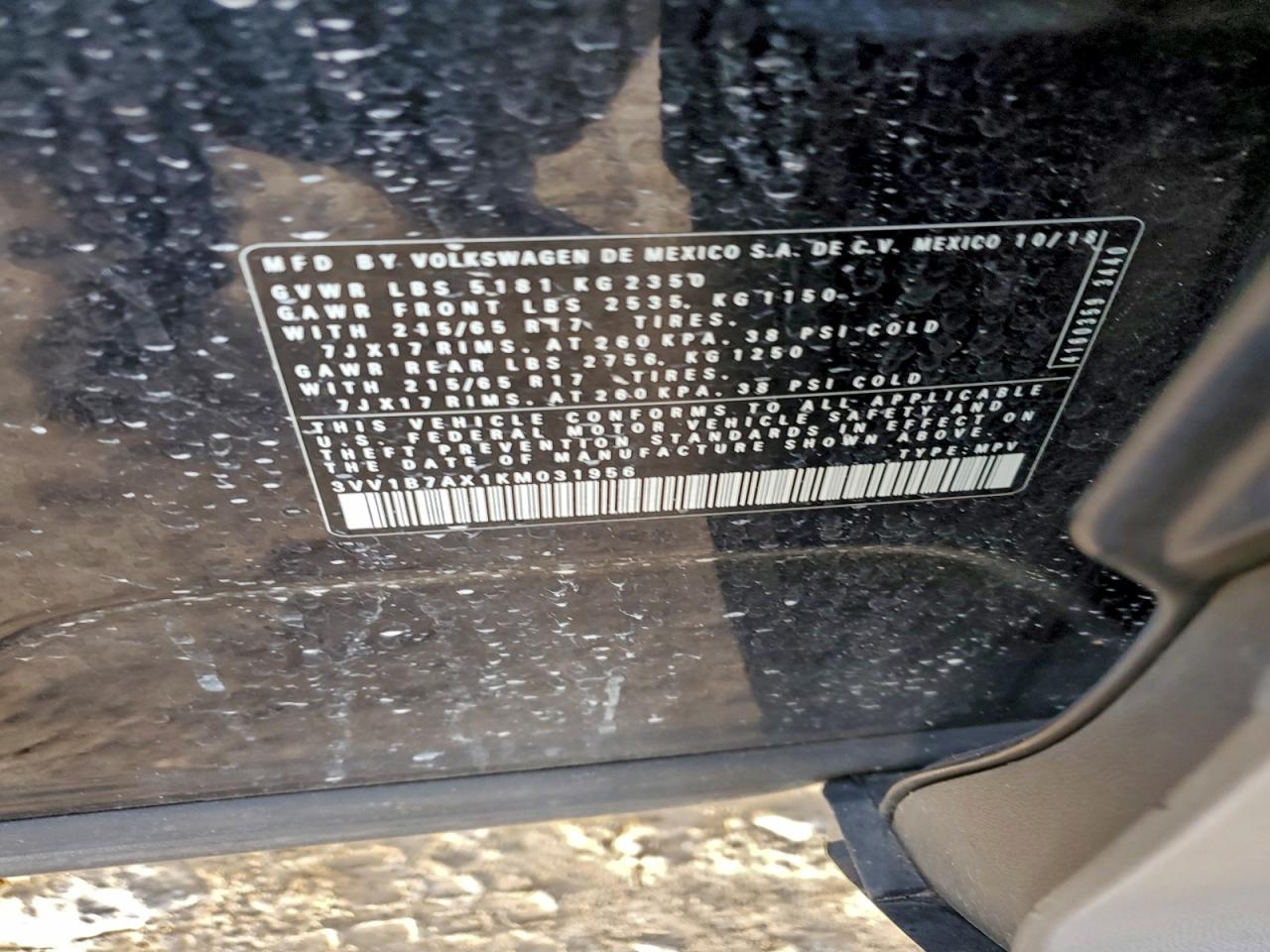 2019 Volkswagen Tiguan S VIN: 3VV1B7AX1KM031956 Lot: 94482675