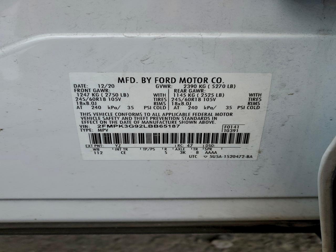 2020 Ford Edge Se VIN: 2FMPK3G92LBB65187 Lot: 93967985