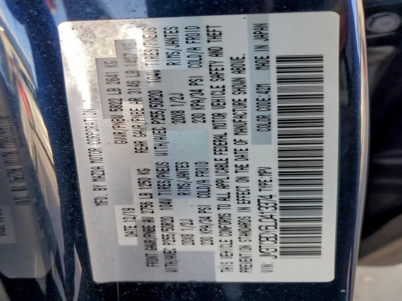 2020 Mazda Cx-9 Grand Touring VIN: JM3TCBDY6L0413374 Lot: 95218365