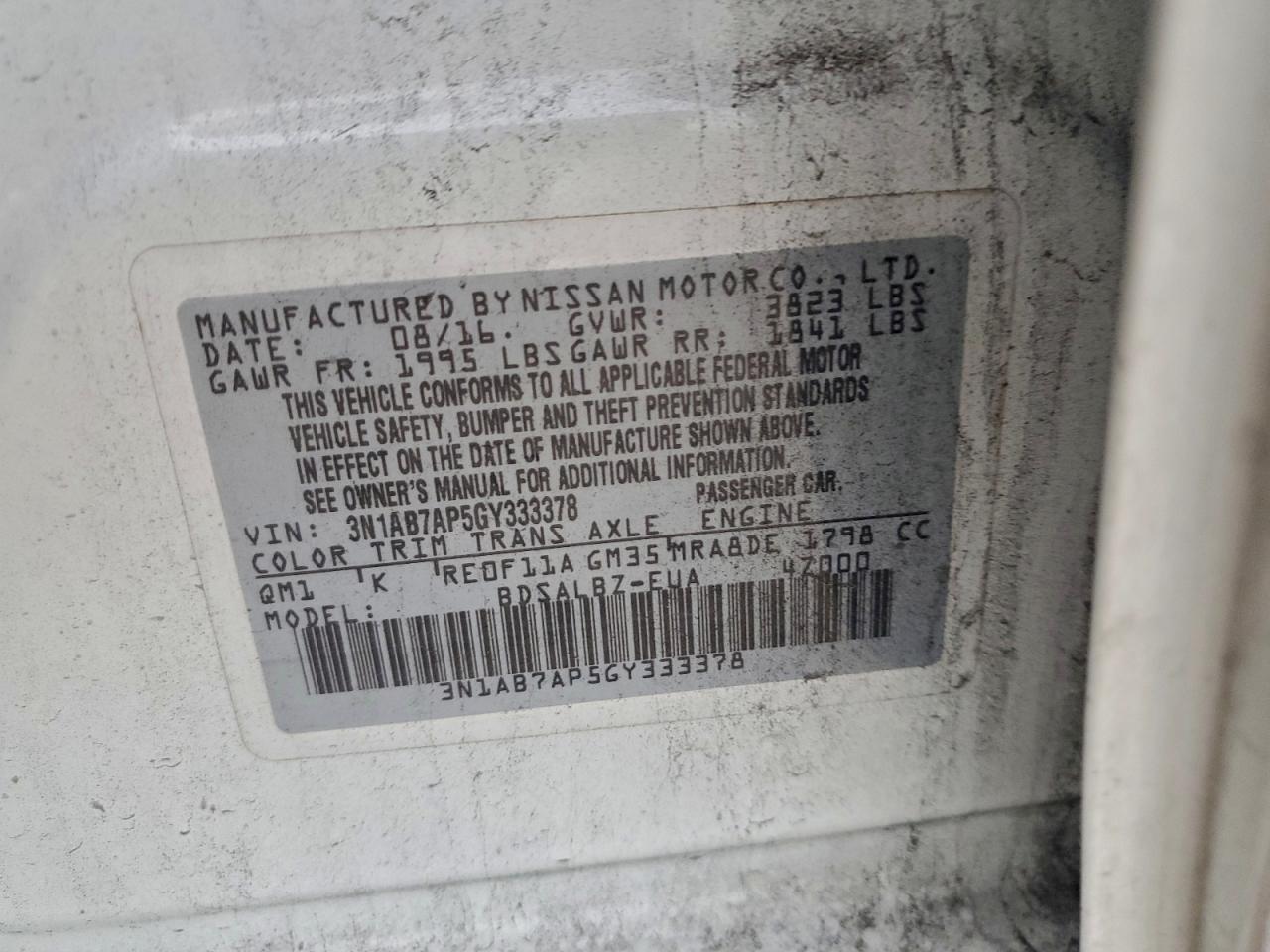 2016 Nissan Sentra S VIN: 3N1AB7AP5GY333378 Lot: 93997575