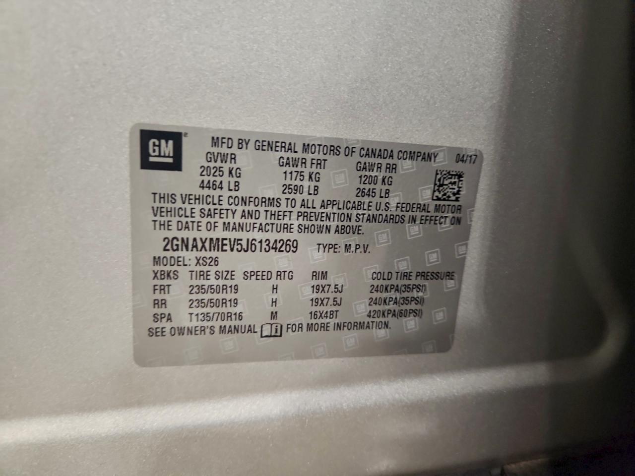 2018 Chevrolet Equinox Premier VIN: 2GNAXMEV5J6134269 Lot: 96757545