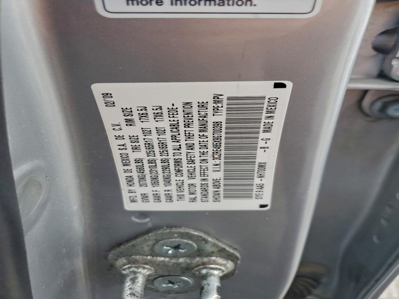 2009 Honda Cr-V Ex VIN: 3CZRE485X9G700398 Lot: 96913445