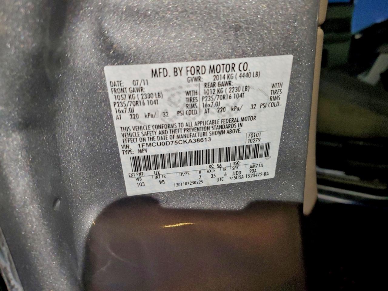 2012 Ford Escape Xlt VIN: 1FMCU0D75CKA38613 Lot: 95695975