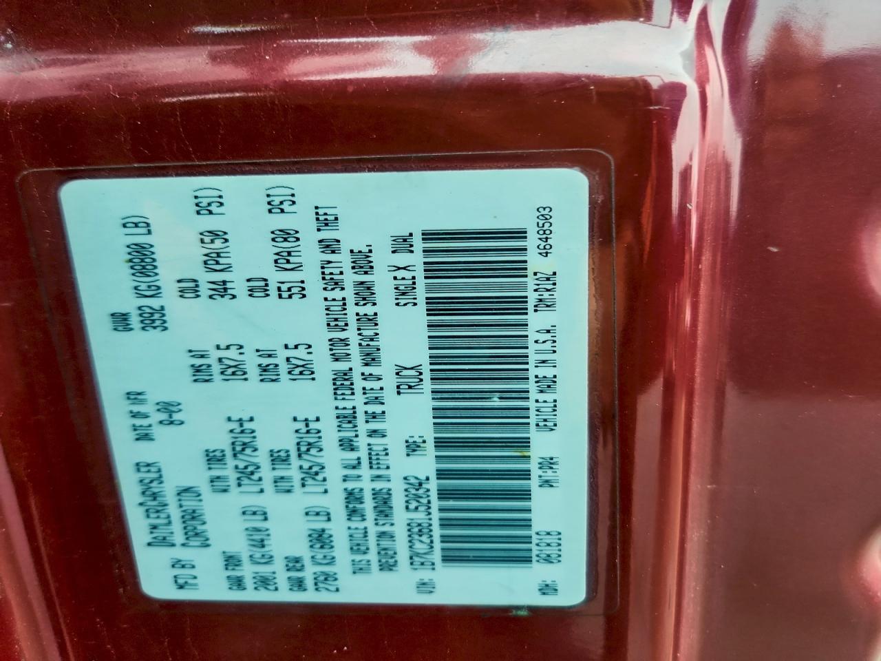 2001 Dodge Ram 2500 VIN: 1B7KC23681J520342 Lot: 93343715