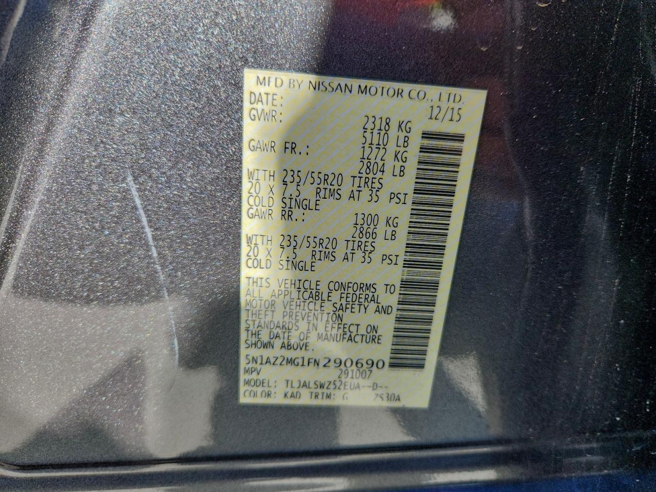 2015 Nissan Murano S VIN: 5N1AZ2MG1FN290690 Lot: 95651855