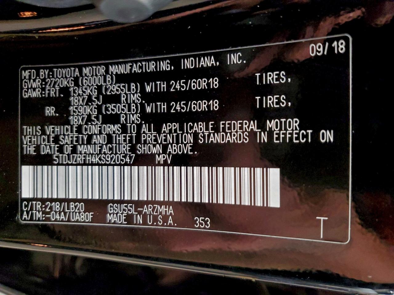 2019 Toyota Highlander Se VIN: 5TDJZRFH4KS920547 Lot: 96012245