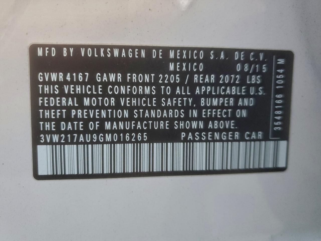 2016 Volkswagen Golf S/Se VIN: 3VW217AU9GM016265 Lot: 94881255