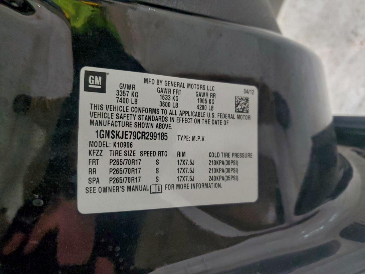 2012 Chevrolet Suburban K1500 Lt VIN: 1GNSKJE79CR299185 Lot: 95693435