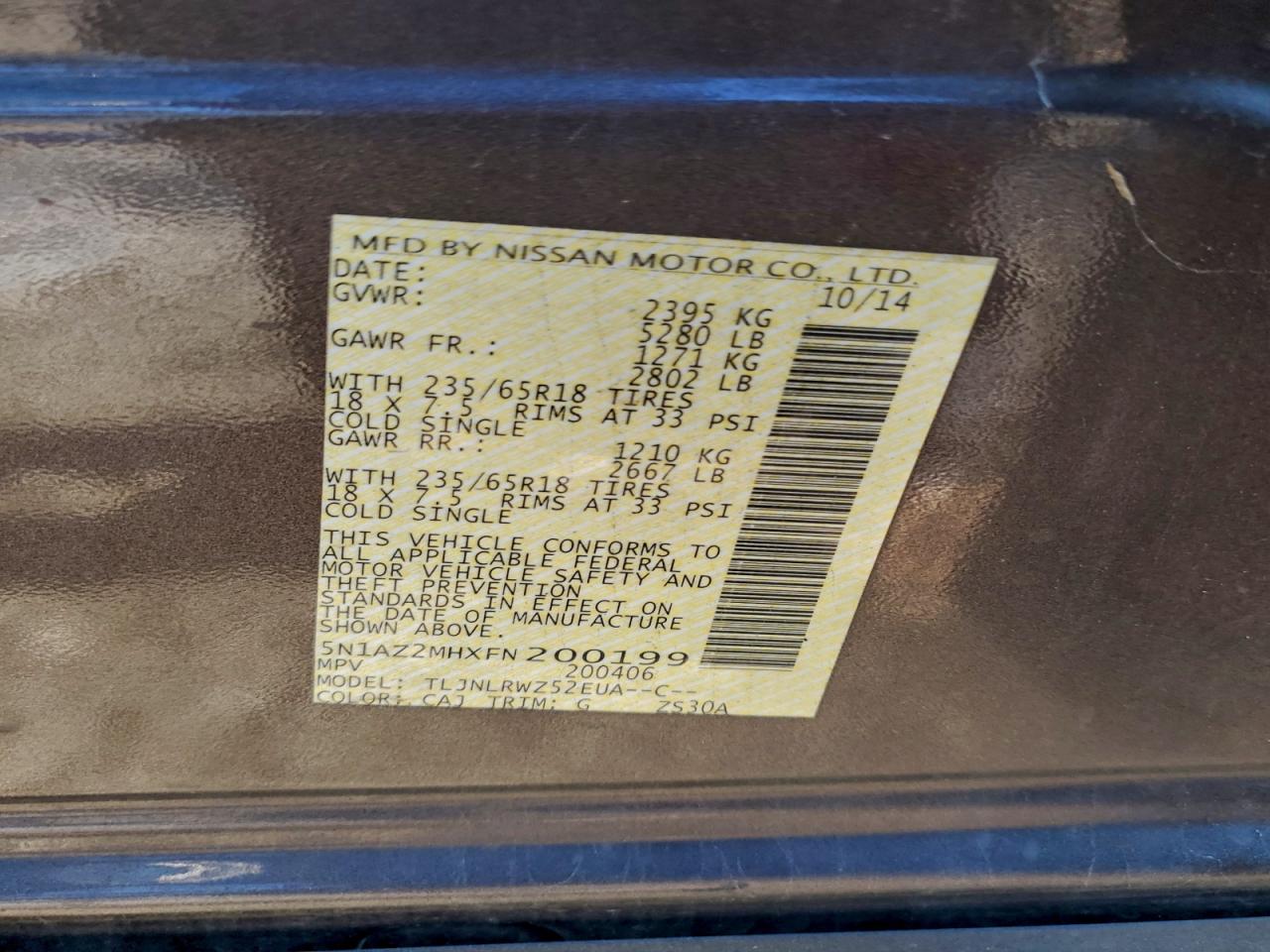 2015 Nissan Murano S VIN: 5N1AZ2MHXFN200199 Lot: 96513505