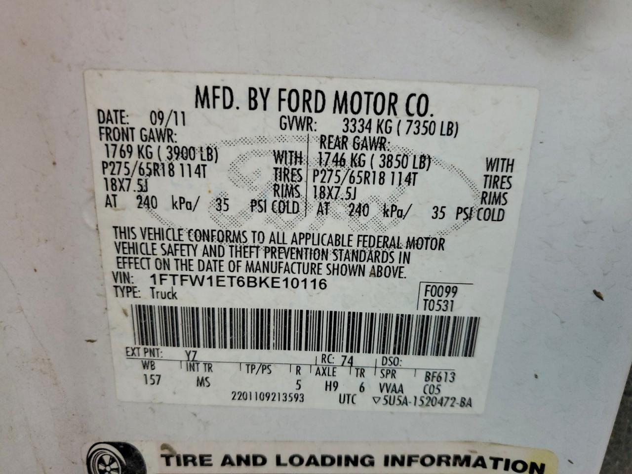 2011 Ford F150 Supercrew VIN: 1FTFW1ET6BKE10116 Lot: 94799445