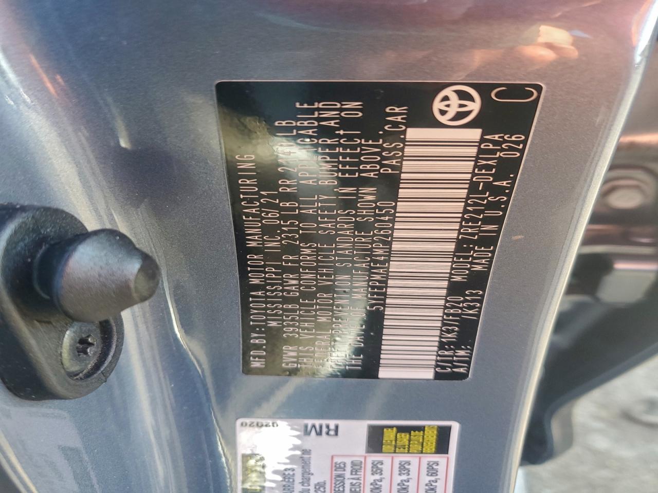 2021 Toyota Corolla Le VIN: 5YFEPMAE4MP260450 Lot: 95467085