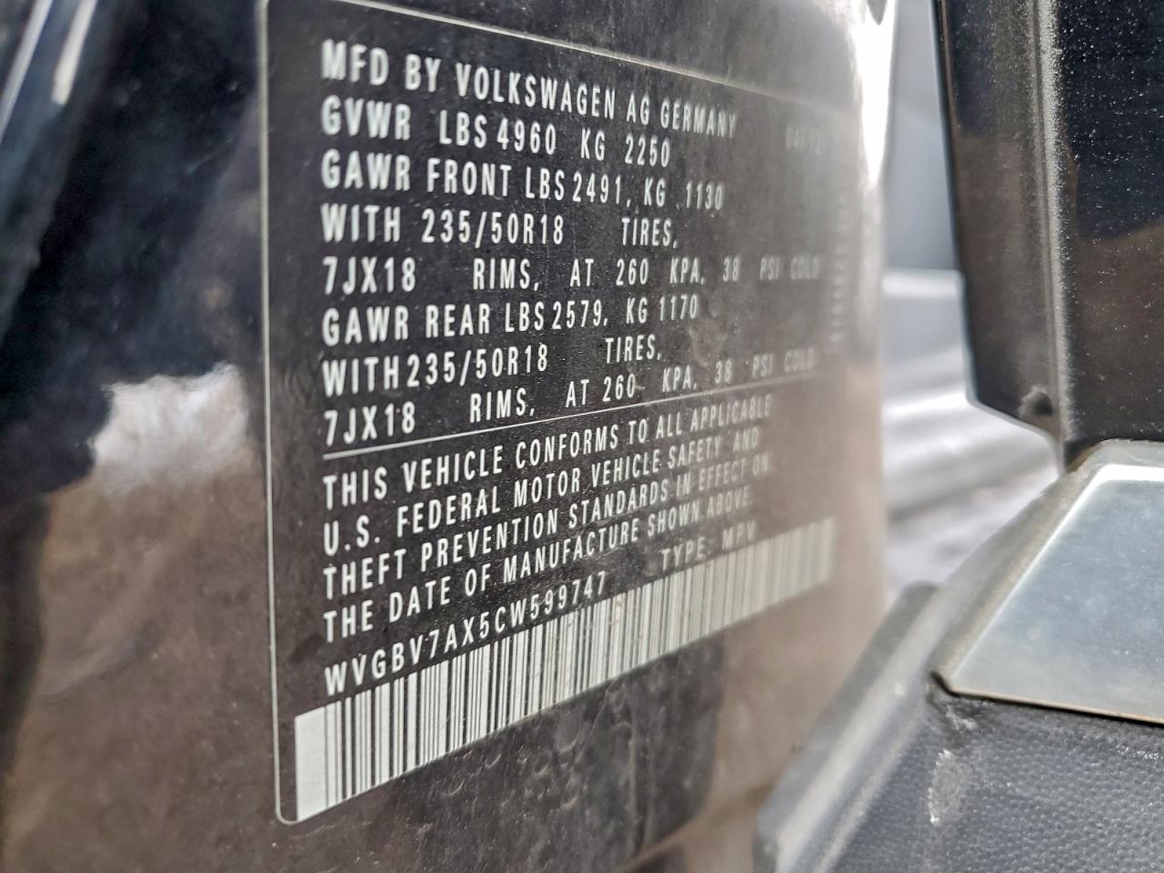 2012 Volkswagen Tiguan S VIN: WVGBV7AX5CW599747 Lot: 95526295