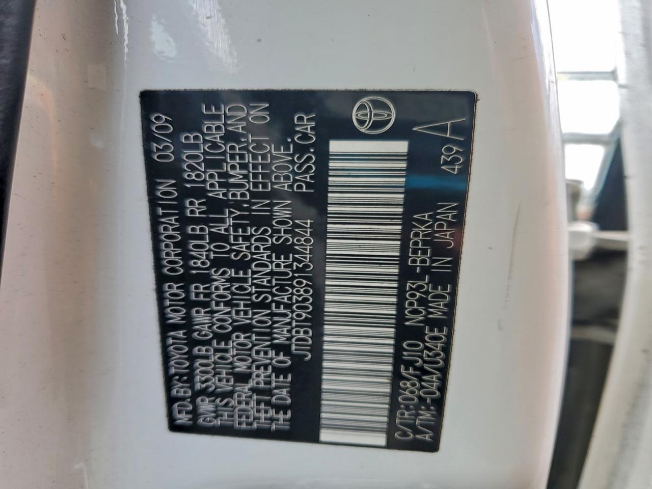 2009 Toyota Yaris VIN: JTDBT903891344844 Lot: 96373205