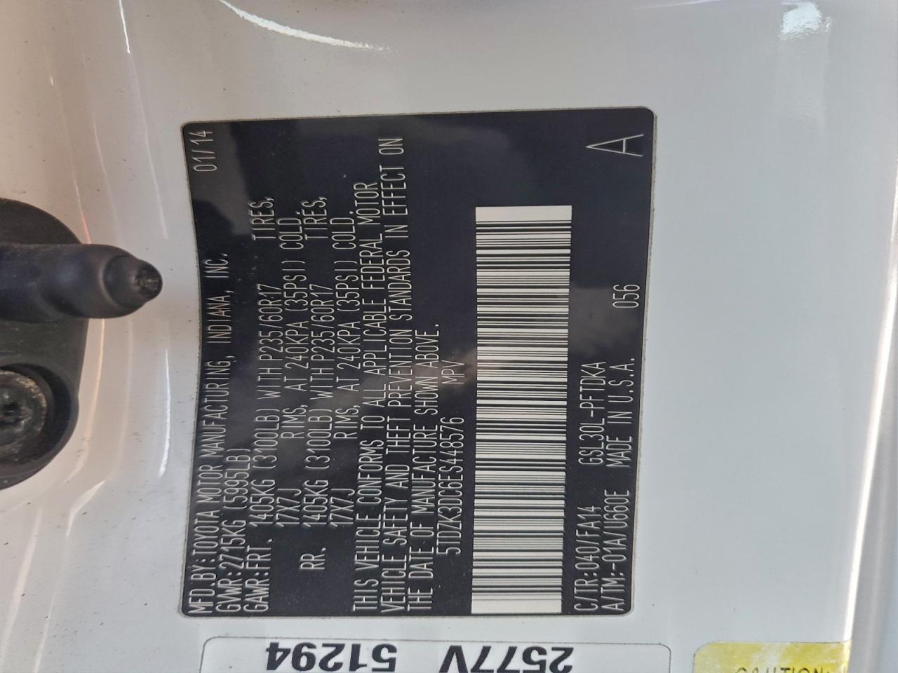 2014 Toyota Sienna VIN: 5TDZK3DC6ES448576 Lot: 97147985