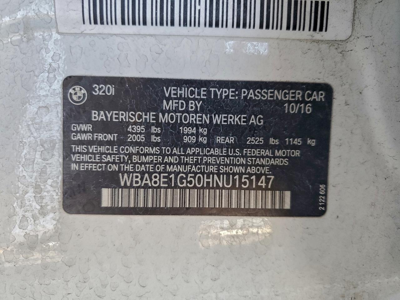 2017 BMW 320 I VIN: WBA8E1G50HNU15147 Lot: 94200315