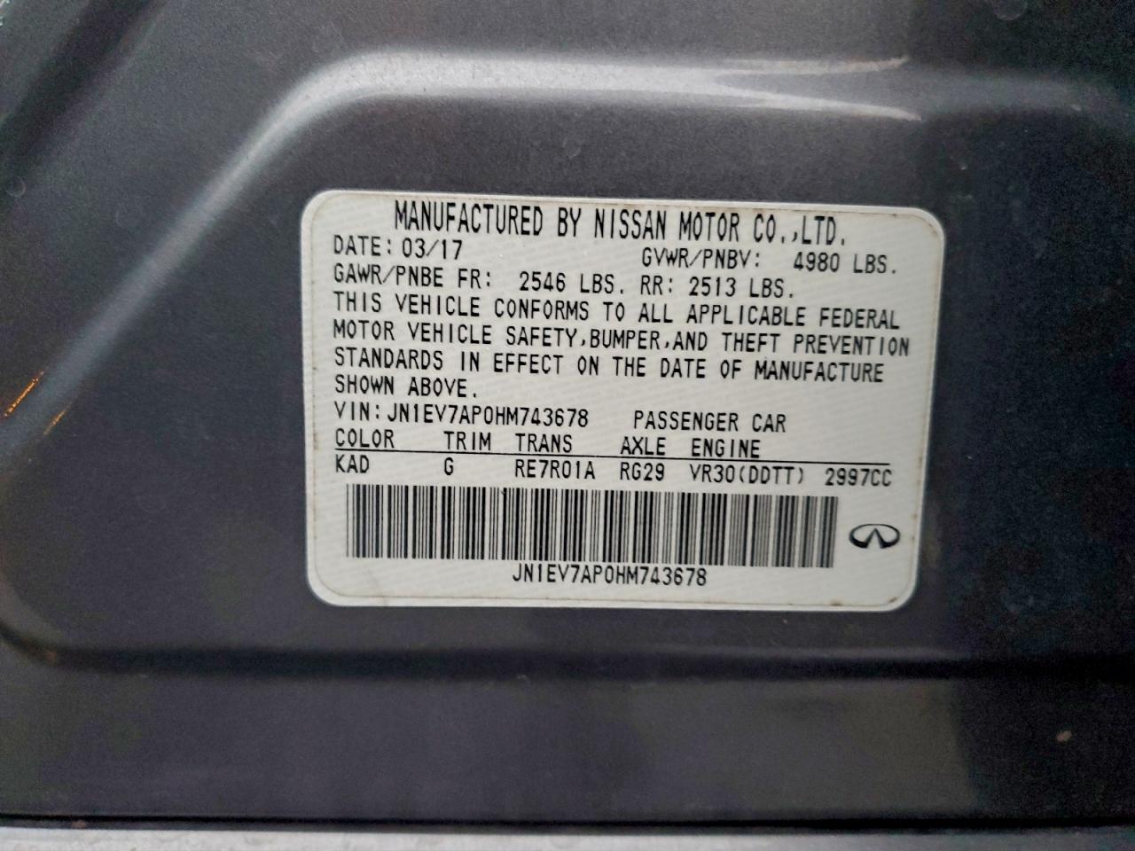 2017 Infiniti Q50 Premium VIN: JN1EV7AP0HM743678 Lot: 95215635