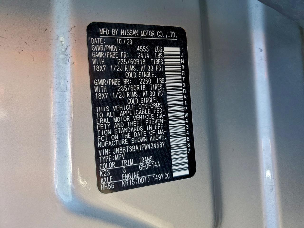 2023 Nissan Rogue Sv VIN: JN8BT3BA1PW434687 Lot: 94690775