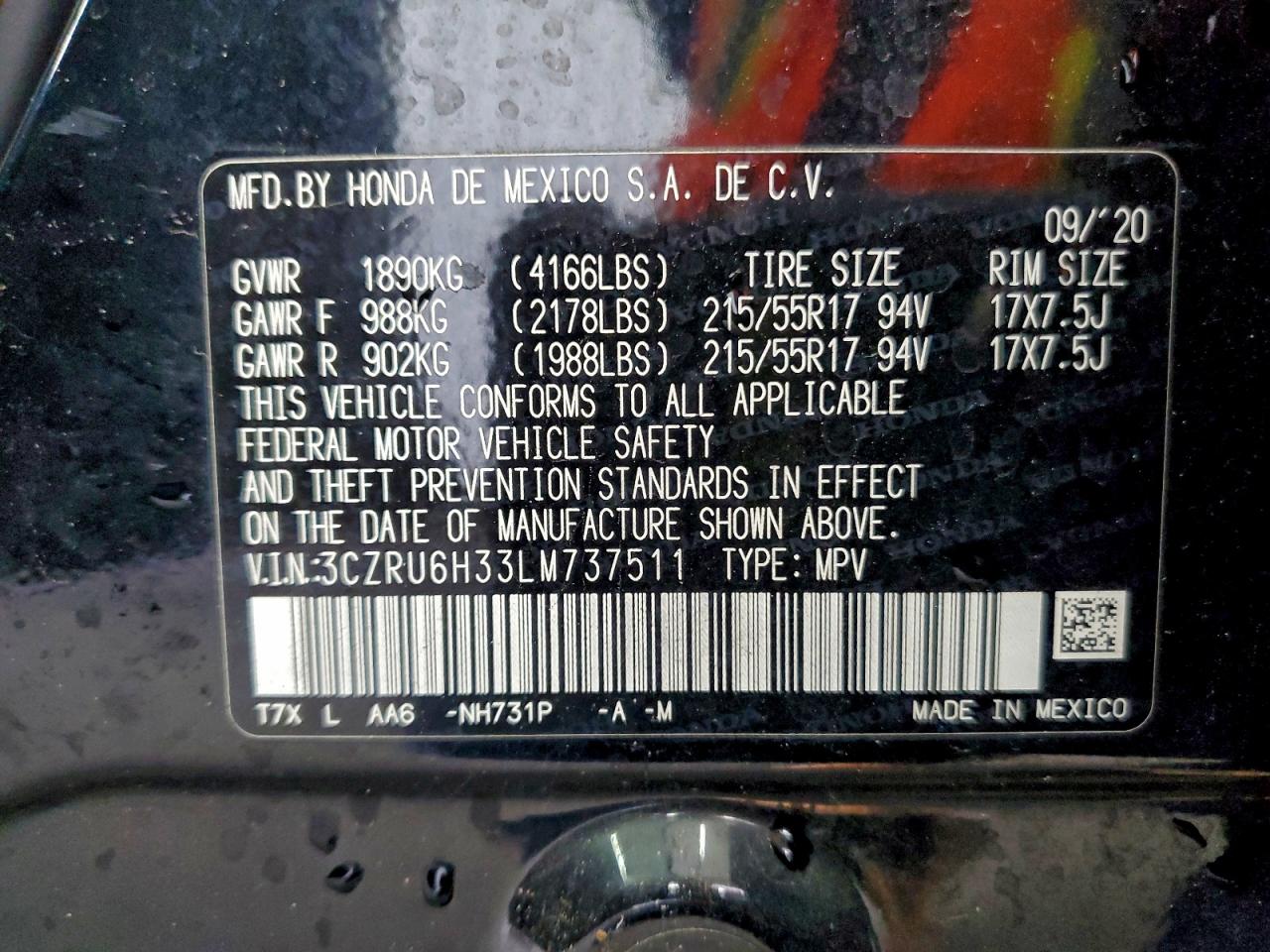 2020 Honda Hr-V Lx VIN: 3CZRU6H33LM737511 Lot: 95300845