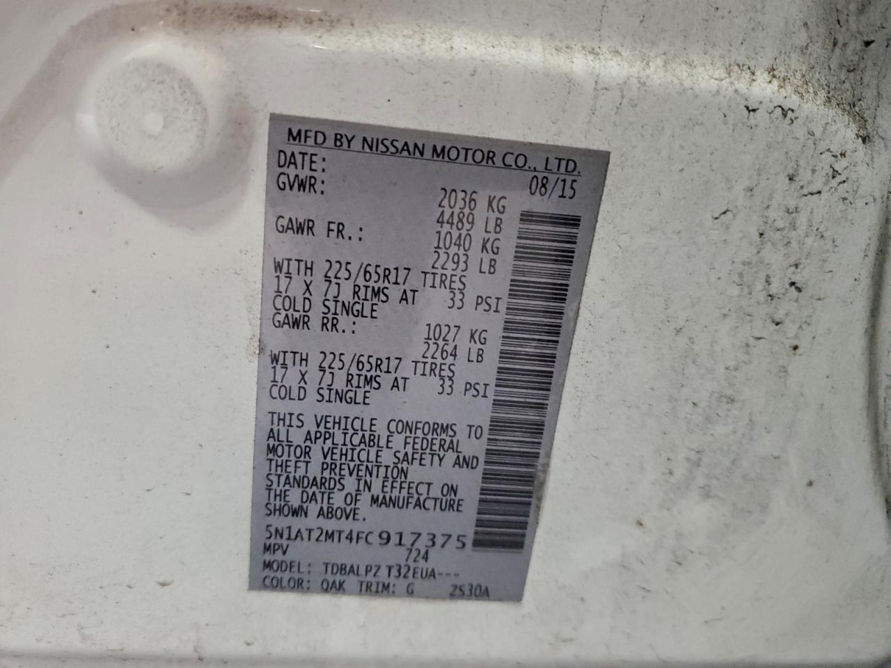 2015 Nissan Rogue S VIN: 5N1AT2MT4FC917375 Lot: 95259275