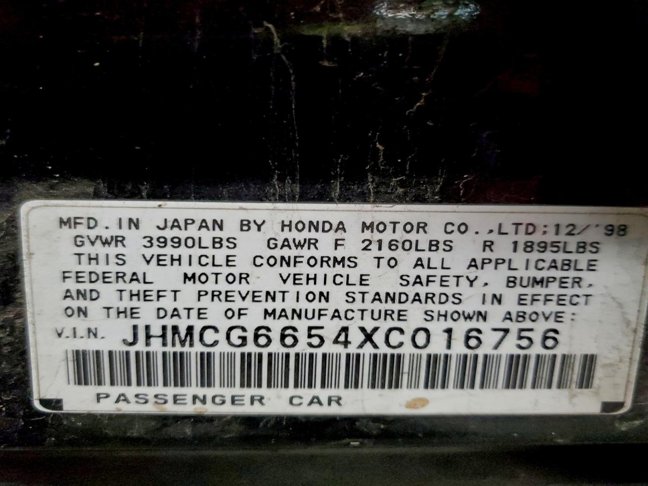 1999 Honda Accord Lx VIN: JHMCG6654XC016756 Lot: 95484885