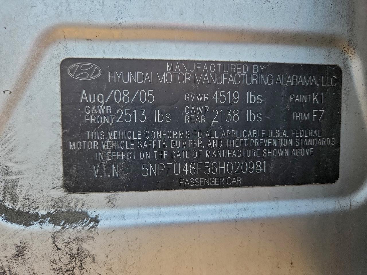 2006 Hyundai Sonata Gls VIN: 5NPEU46F56H020981 Lot: 95145615