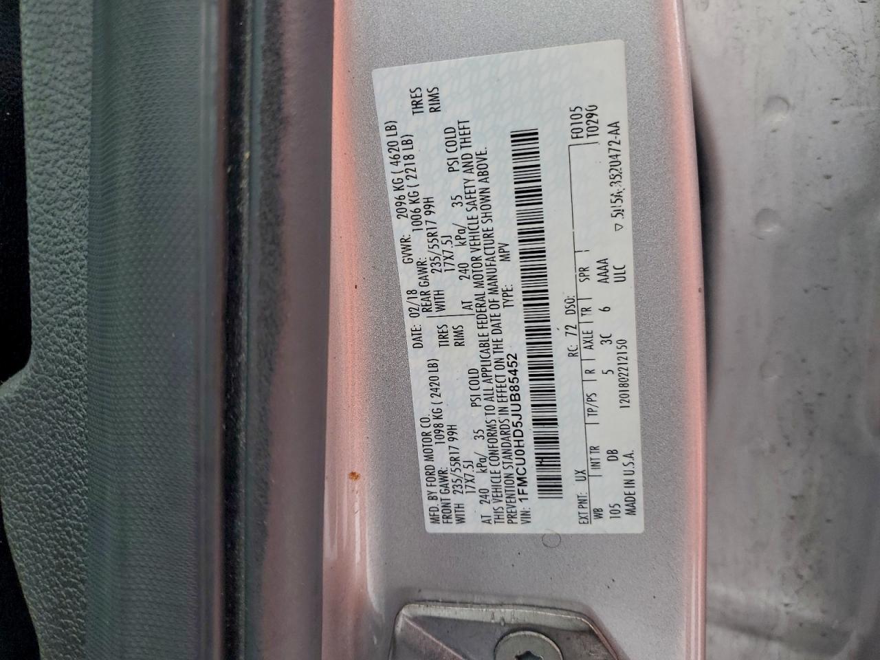 2018 Ford Escape Sel VIN: 1FMCU0HD5JUB85452 Lot: 95655485