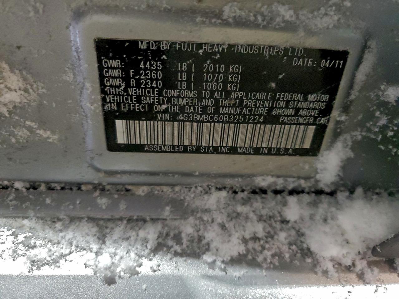 2011 Subaru Legacy 2.5I Premium VIN: 4S3BMBC60B3251224 Lot: 96194915