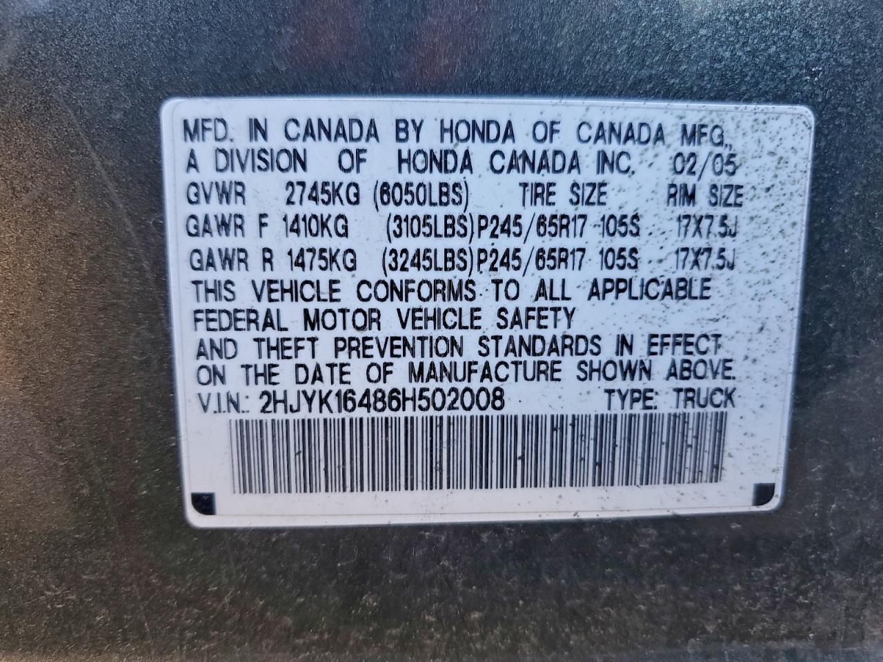 2006 Honda Ridgeline Rts VIN: 2HJYK16486H502008 Lot: 95115815