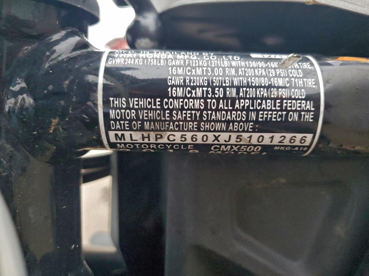 2018 Honda Cmx500 VIN: MLHPC560XJ5101266 Lot: 93999125