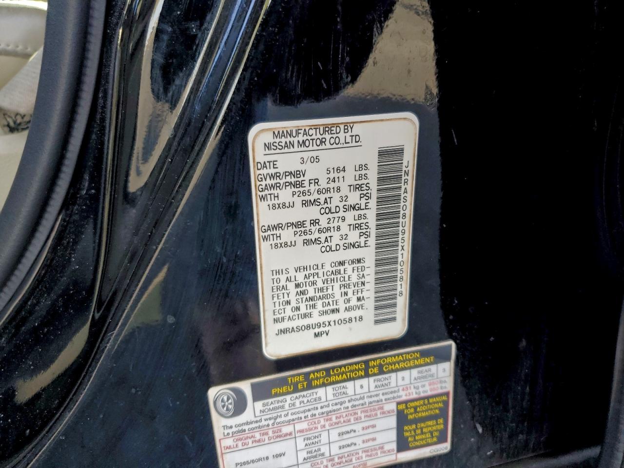 2005 Infiniti Fx35 VIN: JNRAS08U95X105818 Lot: 95176045