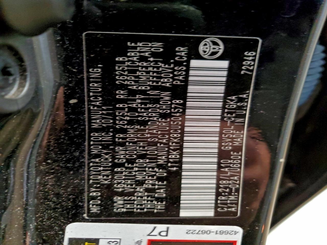 2012 Toyota Camry Se VIN: 4T1BK1FK8CU504578 Lot: 95782115