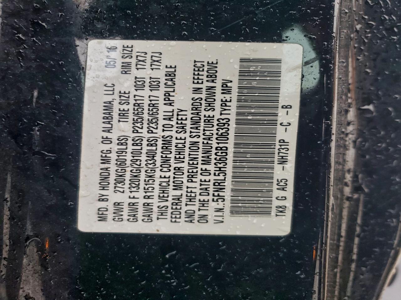 2016 Honda Odyssey Se VIN: 5FNRL5H36GB106393 Lot: 96473385