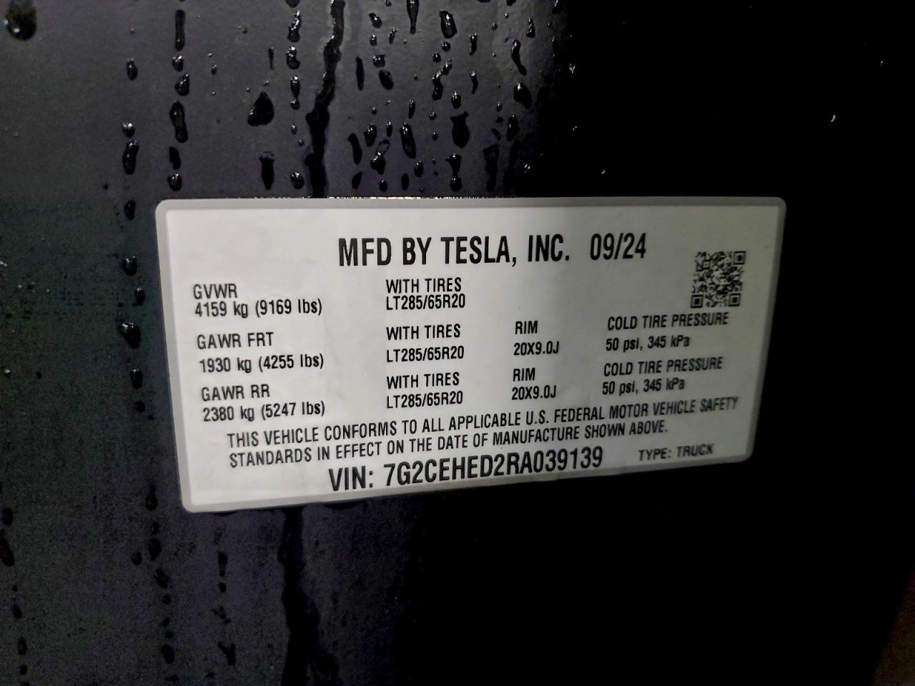 2024 Tesla Cybertruck VIN: 7G2CEHED2RA039139 Lot: 96302465