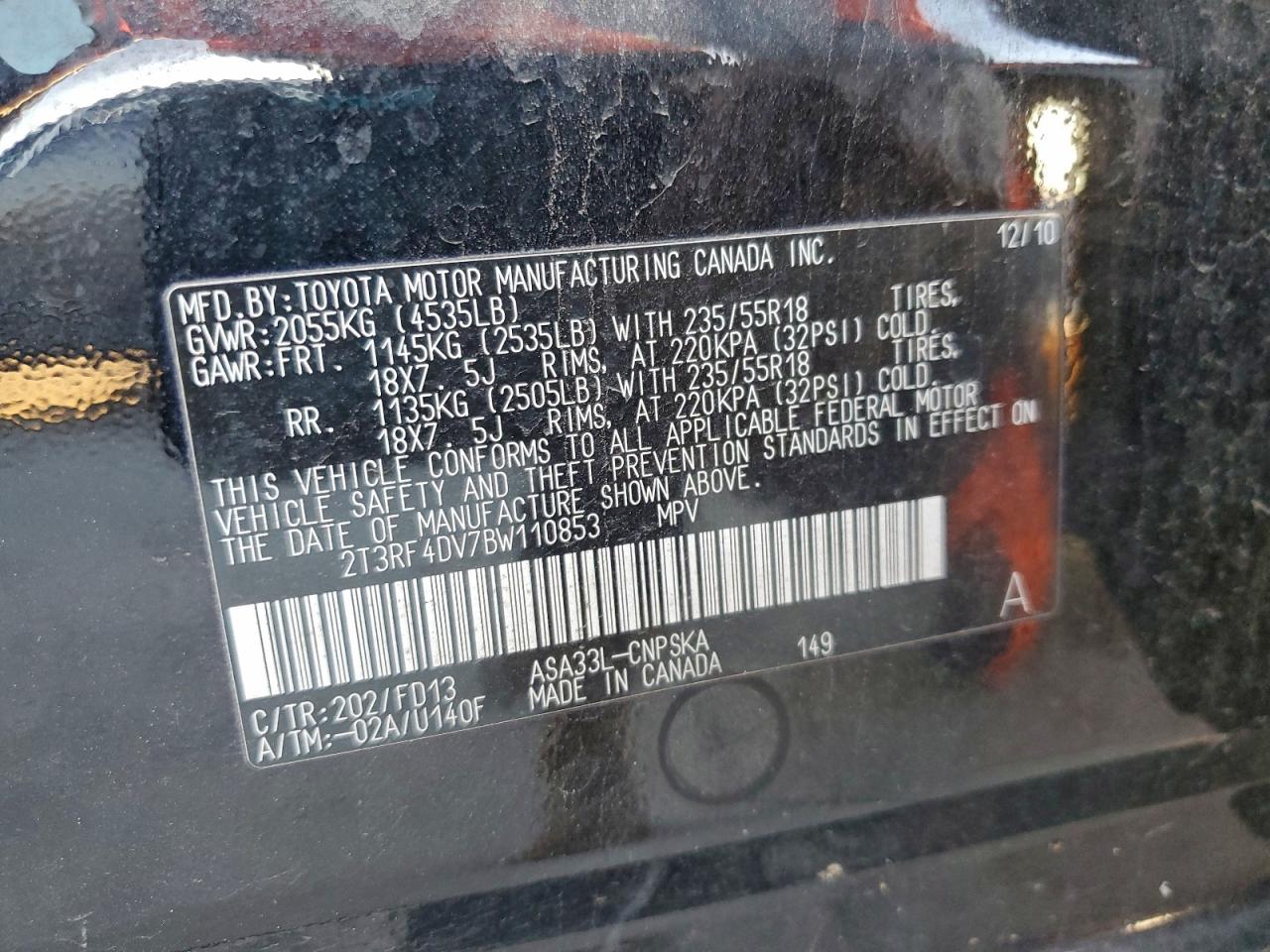 2011 Toyota Rav4 Sport VIN: 2T3RF4DV7BW110853 Lot: 96614335