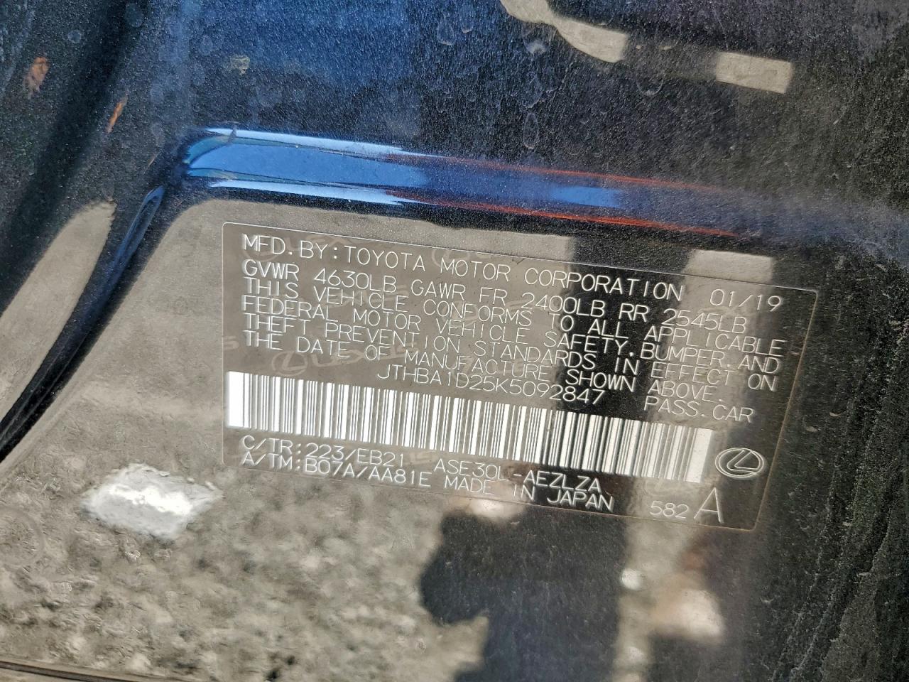 2019 Lexus Is 300 VIN: JTHBA1D25K5092847 Lot: 95851215