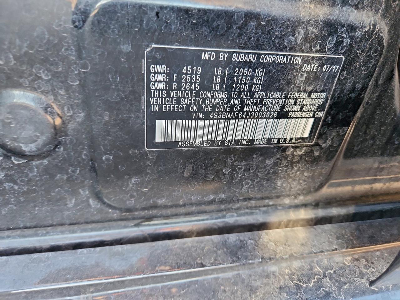 2018 Subaru Legacy 2.5I Premium VIN: 4S3BNAF64J3003026 Lot: 95004095