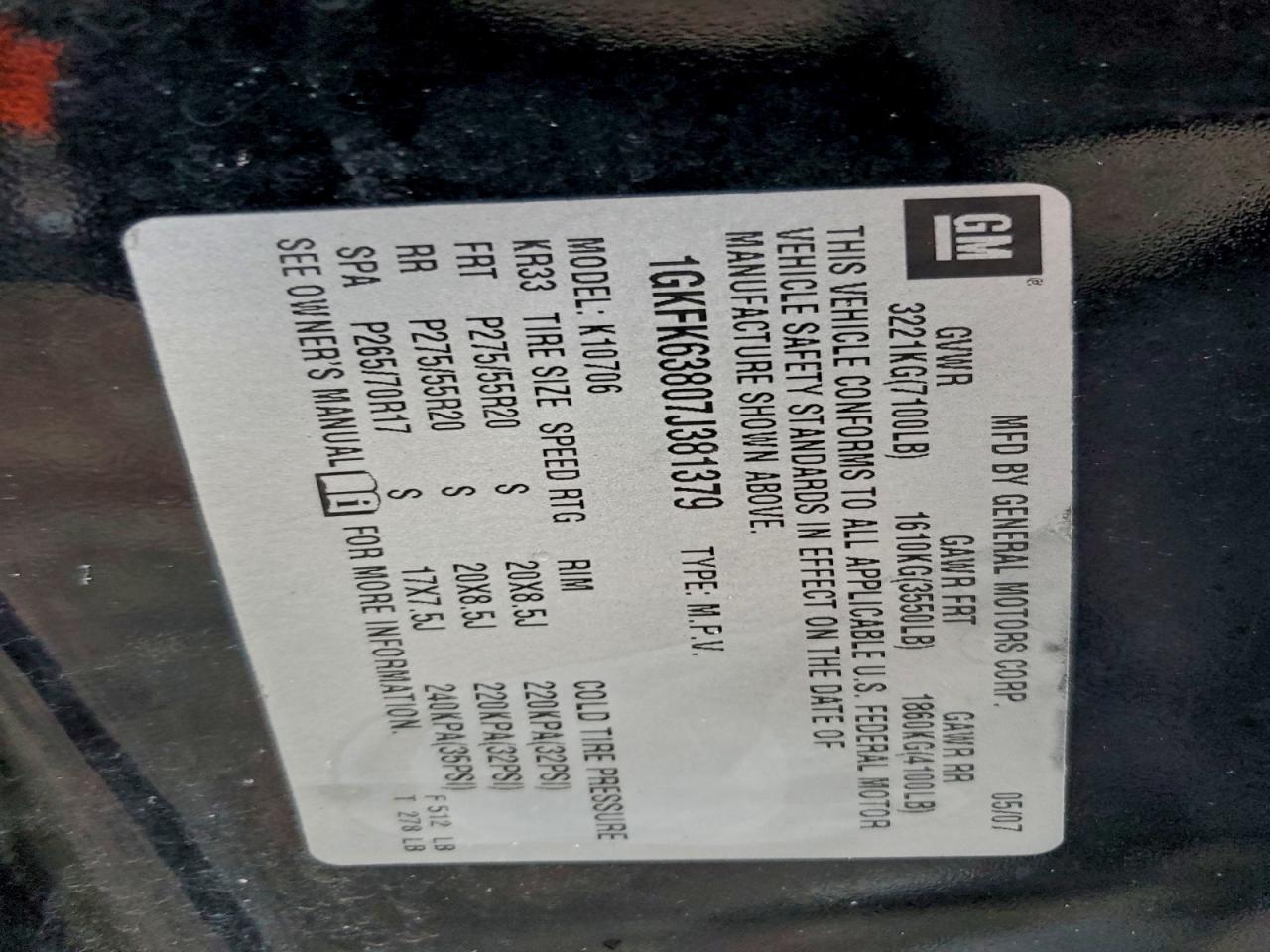 2007 GMC Yukon Denali VIN: 1GKFK63807J381379 Lot: 96780815