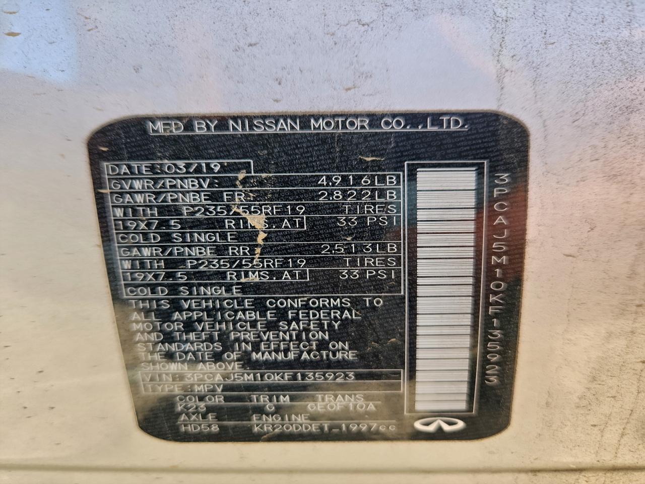 2019 Infiniti Qx50 Essential VIN: 3PCAJ5M10KF135923 Lot: 96985575