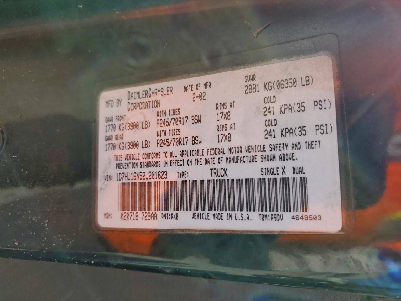 2002 Dodge Ram 1500 VIN: 1D7HU16N52J201623 Lot: 96666795