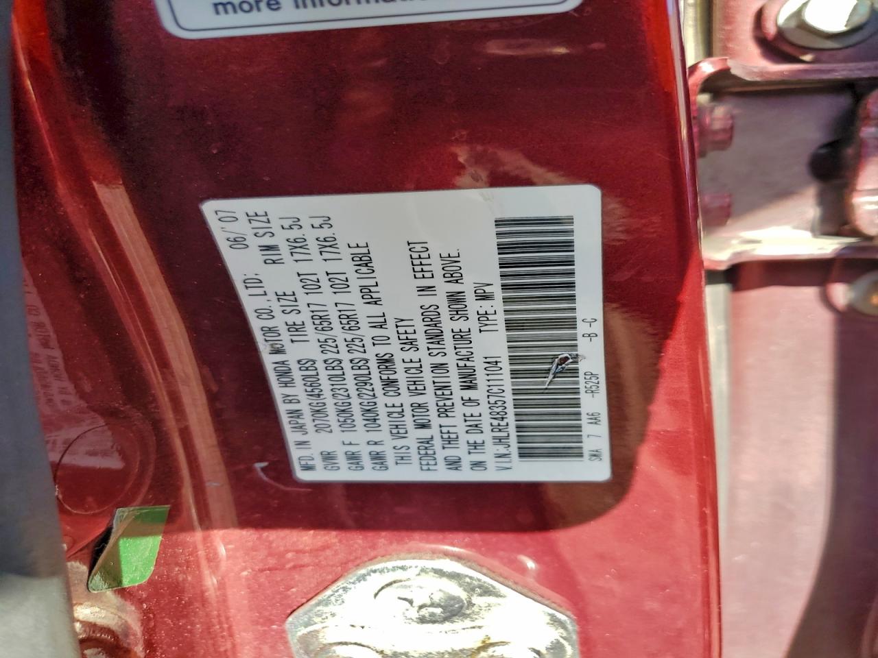 2007 Honda Cr-V Lx VIN: JHLRE48357C111041 Lot: 95186905