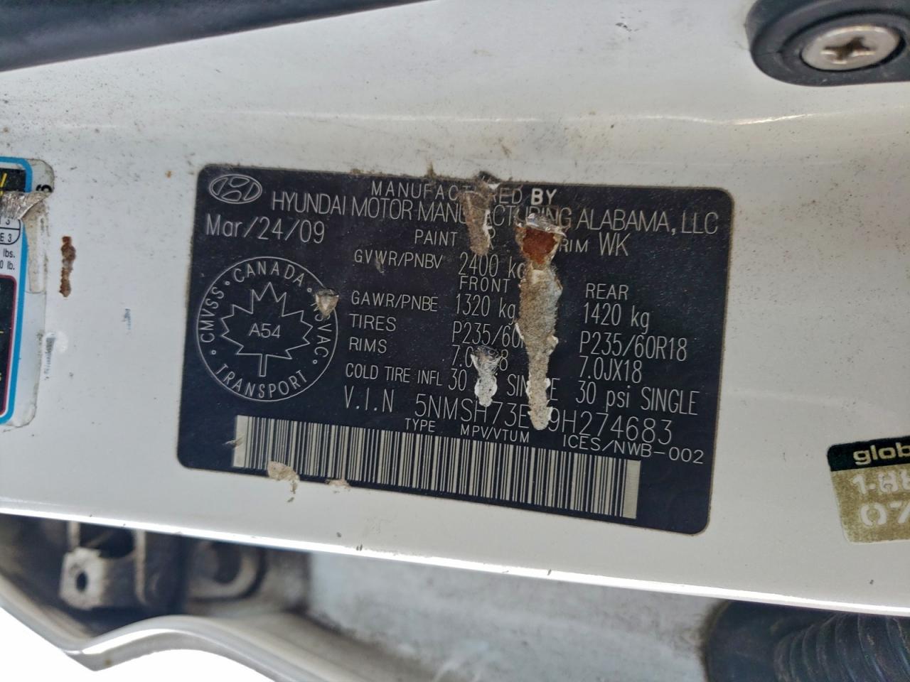2009 Hyundai Santa Fe Se VIN: 5NMSH73E99H274683 Lot: 95108735