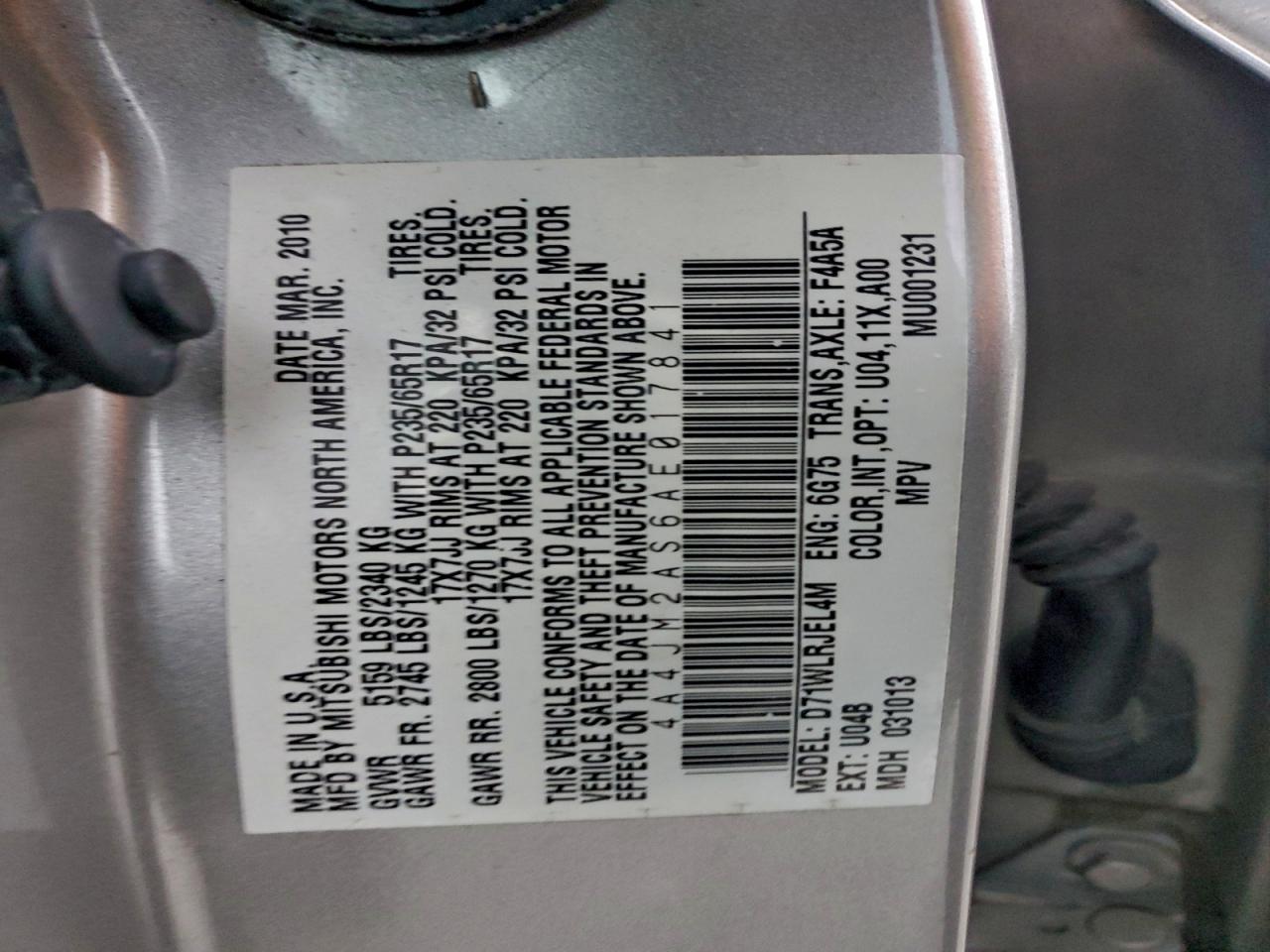 2010 Mitsubishi Endeavor Ls VIN: 4A4JM2AS6AE017841 Lot: 95841005