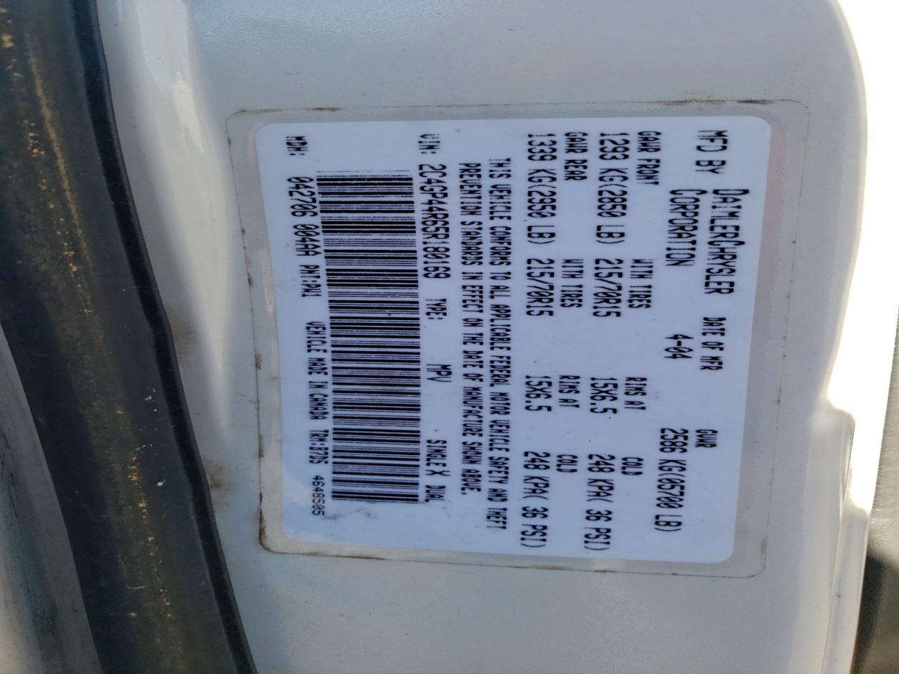 2005 Chrysler Town & Country Lx VIN: 2C4GP44R65R180169 Lot: 94880015